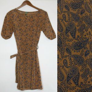 POEMA Copper & Navy Paisley Shift Dress with Belt